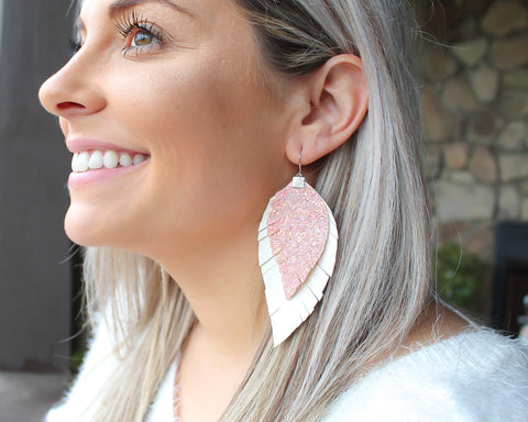 Blush Pink Chunky Glitter over Pearl Fringe Feather Earrings