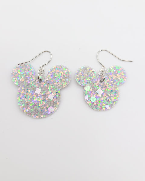 Silver Candy Crush Glitter Mickey Head Earrings