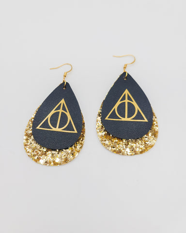 Gold Glitter and Black Deathly Hollows Symbol Earrings