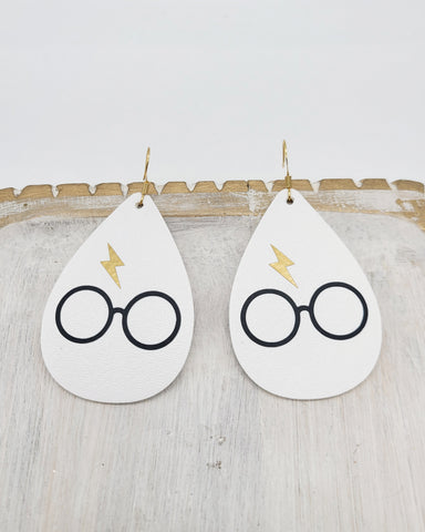 Glasses and Lightning Bolt White Earrings