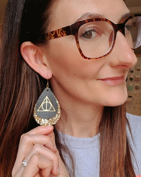 Gold Glitter and Black Deathly Hollows Symbol Earrings