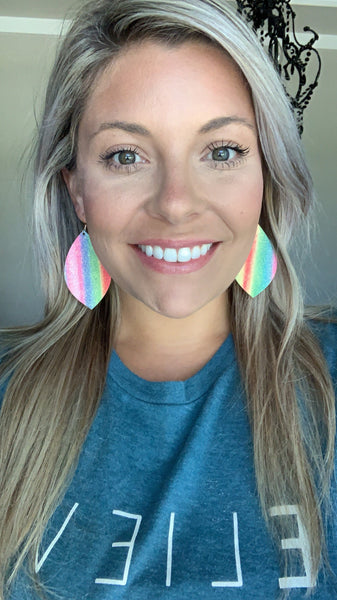Bright Rainbow Stripe Leaf Earrings