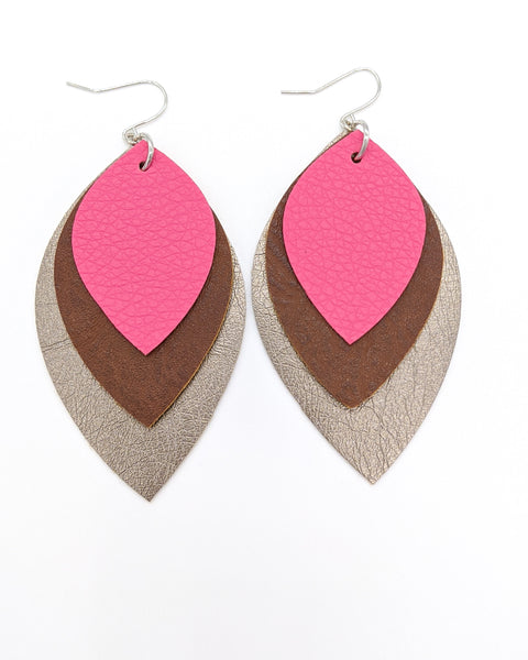 Hot Pink, Brown and Gunmetal Leather Earrings