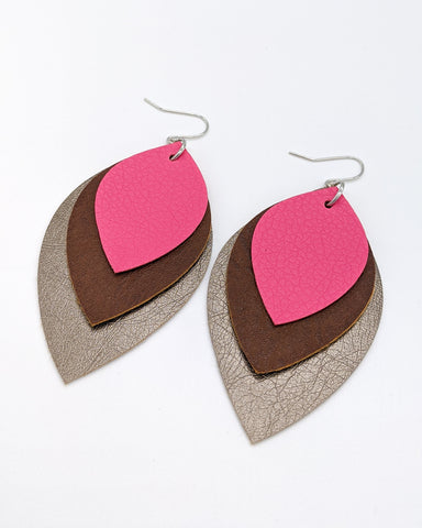 Hot Pink, Brown and Gunmetal Leather Earrings