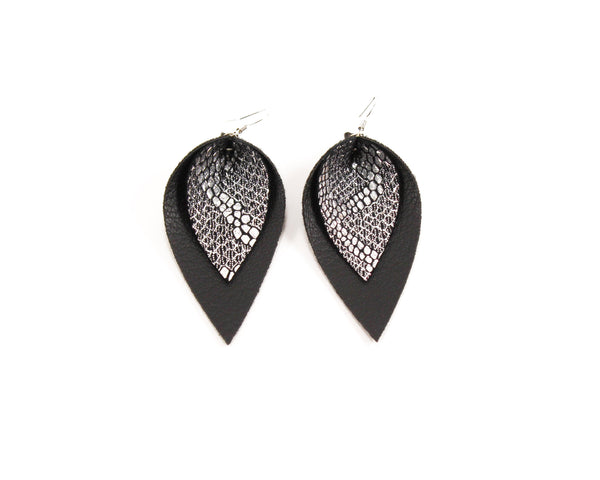 Silver Snakeskin & Black Layered Pinched Feather Earrings