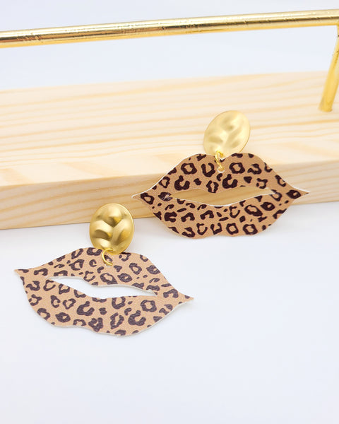 Camel Brown Cheetah Leopard Lip Earrings on Gold Posts