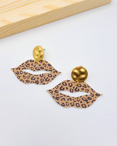 Camel Brown Cheetah Leopard Lip Earrings on Gold Posts