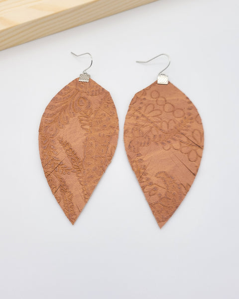 Textured Tan Leather Fringe Feather Earrings