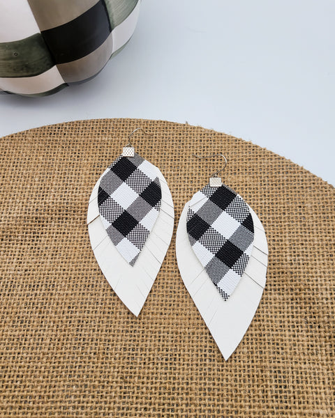 White and Black Plaid over White Fringe Feather Earrings