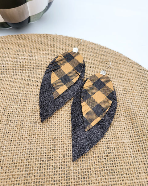 Tan and Black Plaid over Black Glitter Fringe Feather Earrings