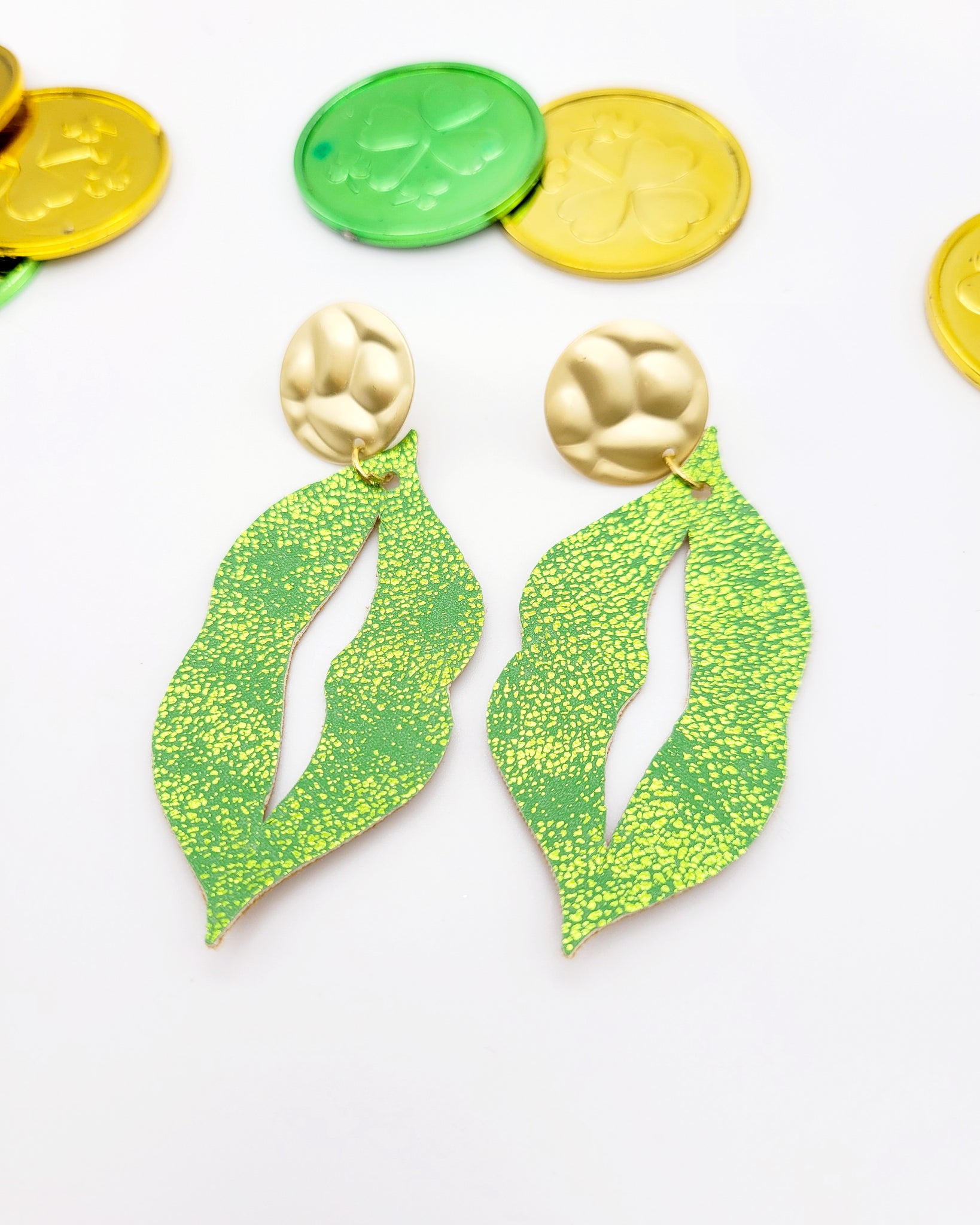 Bright Green Lip Earrings on Gold Posts