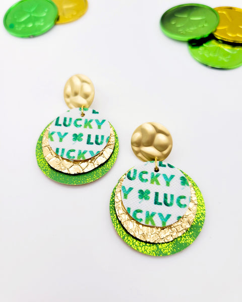 Lucky Clover Coin Disc Earrings on Posts