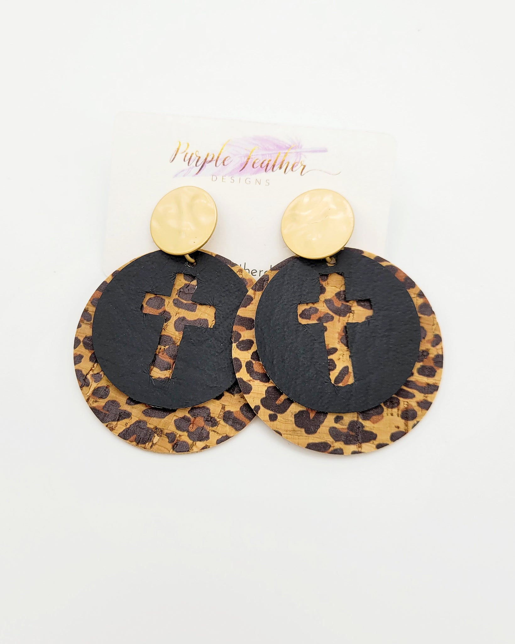 Leopard Print Cork Cross Earrings