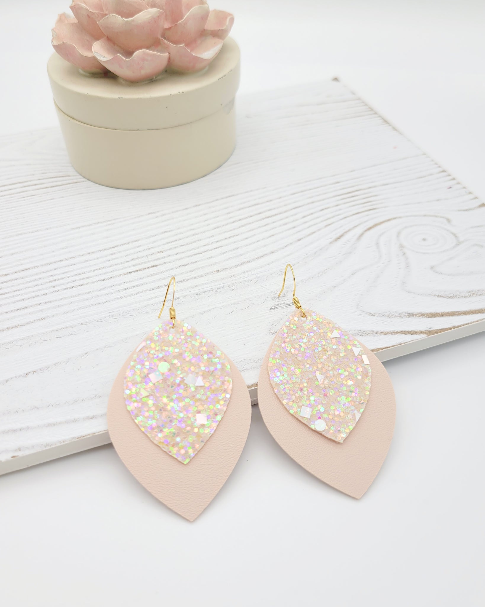 Spring Blush Pink Glitter Leaf Earrings