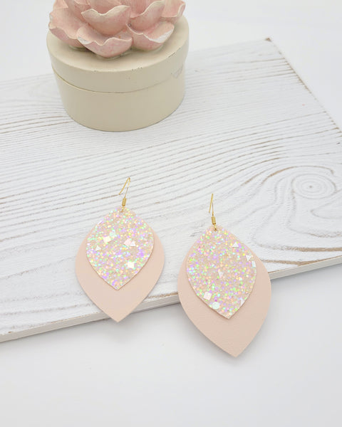 Spring Blush Pink Glitter Leaf Earrings