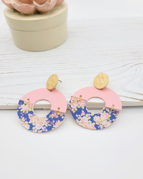 2-toned Pink and Navy Floral Open Disc Earrings