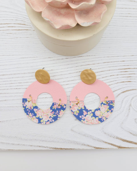2-toned Pink and Navy Floral Open Disc Earrings