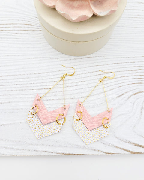 Pink and White with Metallic Gold Chevron Triangle Earrings