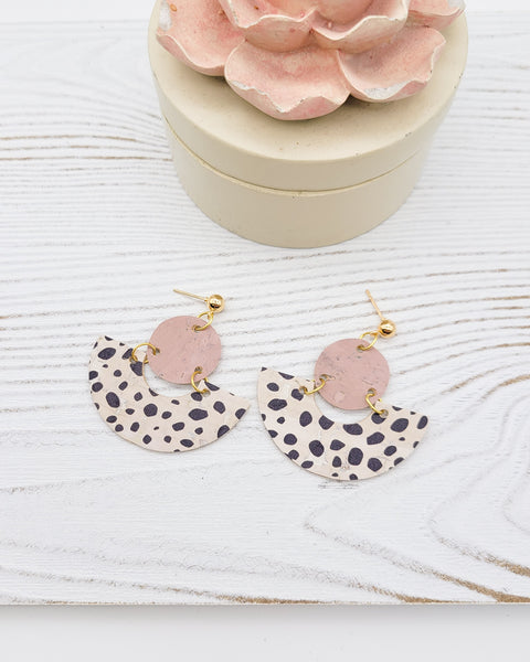 Dusty Pink and Dalmatian Print Cork Fan Earrings