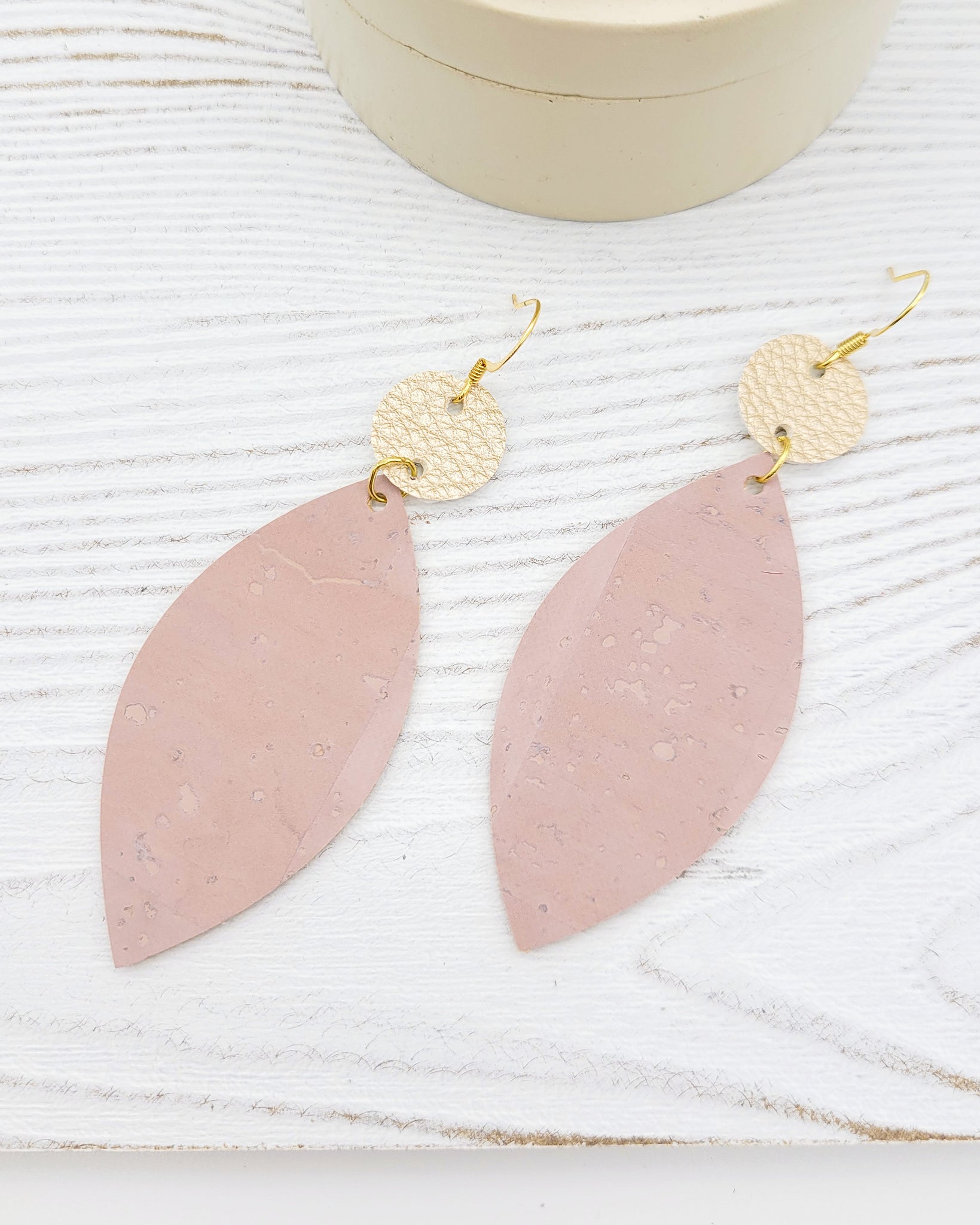 Dusty Pink Cork and Matte Gold Leaf Drop Earrings