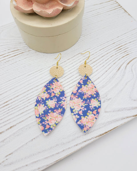 Navy Floral and Matte Gold Leaf Drop Earrings