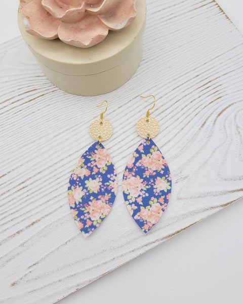 Navy Floral and Matte Gold Leaf Drop Earrings