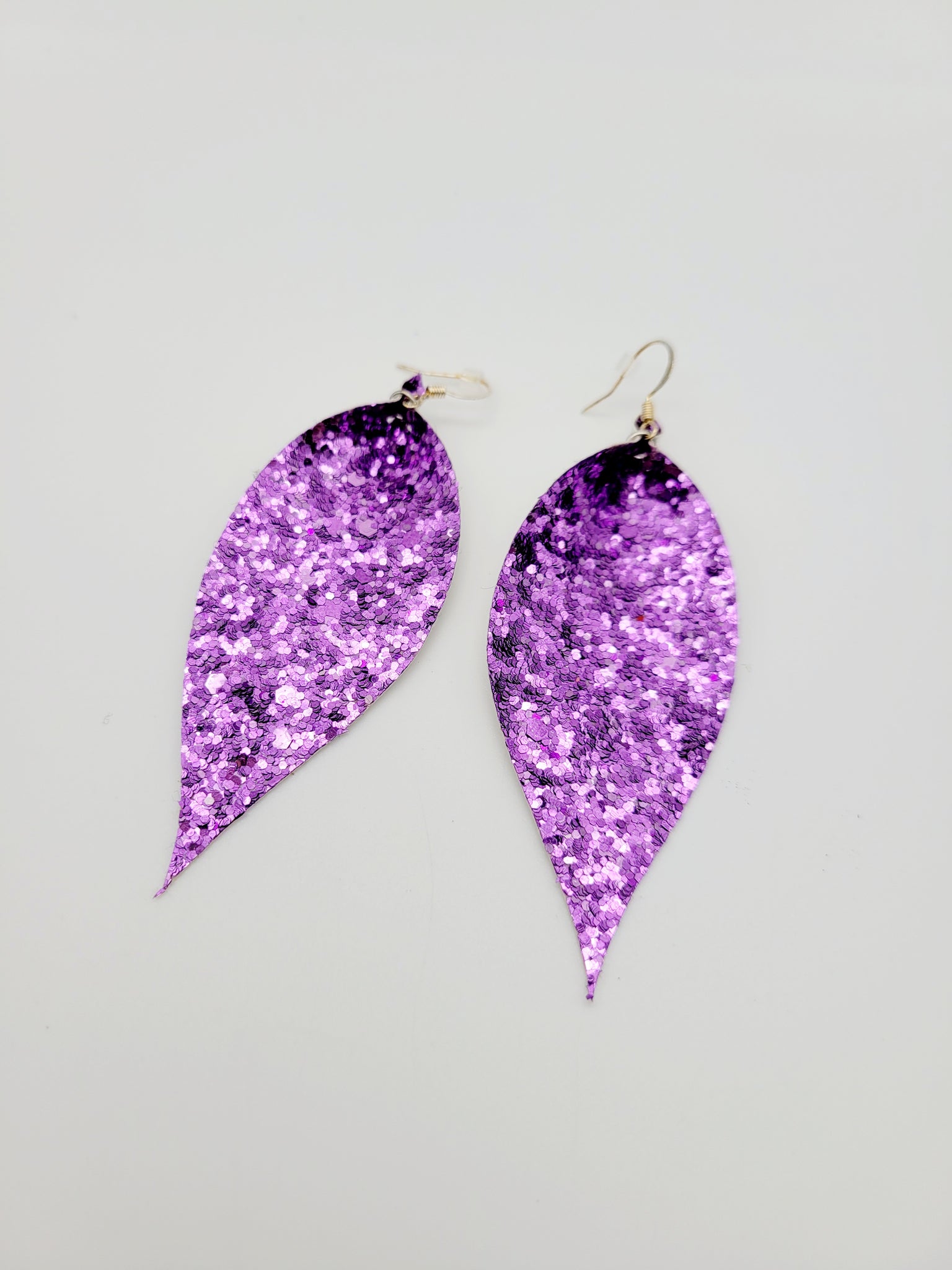 Light Purple Glitter Pinched Feather Earrings