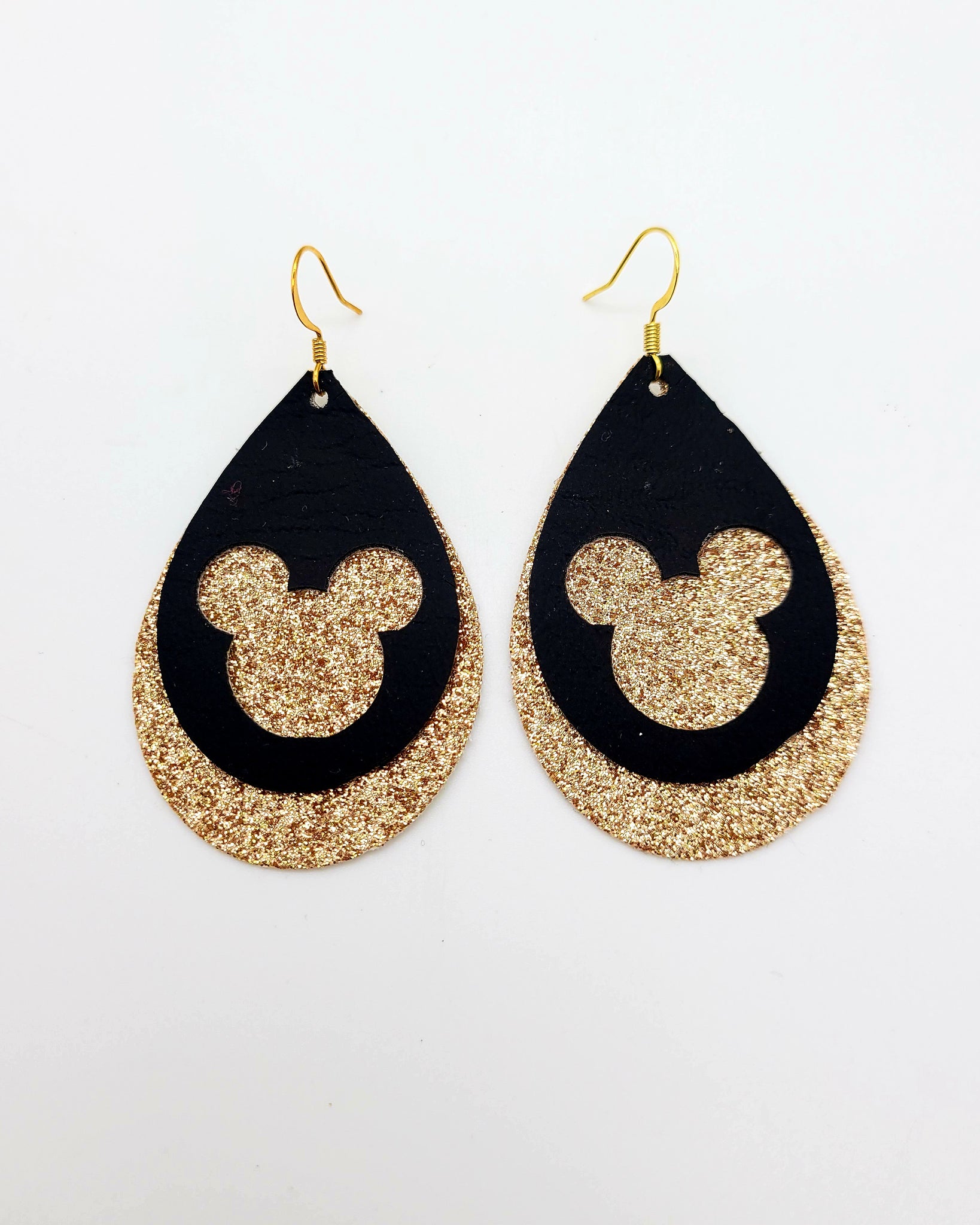 Shimmer Gold or Silver and Black Mickey Cut Out Earrings