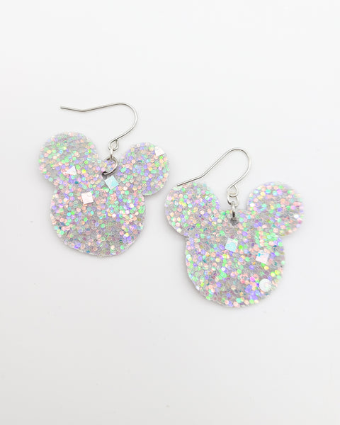 Silver Candy Crush Glitter Mickey Head Earrings