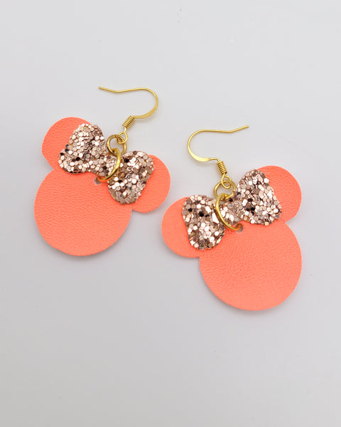 Neon Coral and Rose Gold Minnie Head Earrings