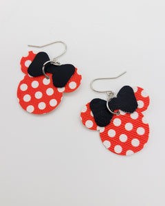 Red and White Polka Dot Black Bow Minnie Head Earrings