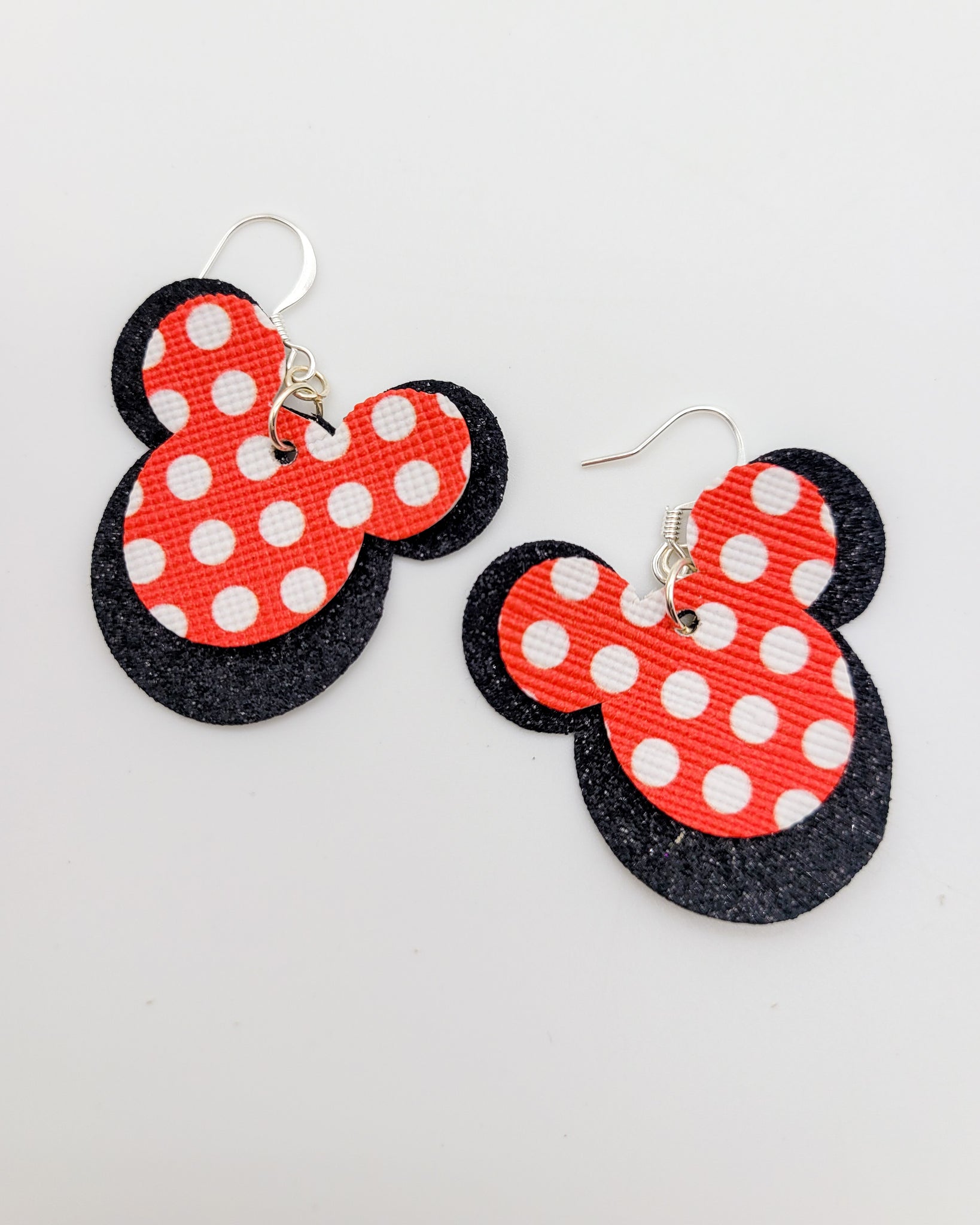 Red Polka Dot and Black Shimmer Layered Mickey Head Earrings