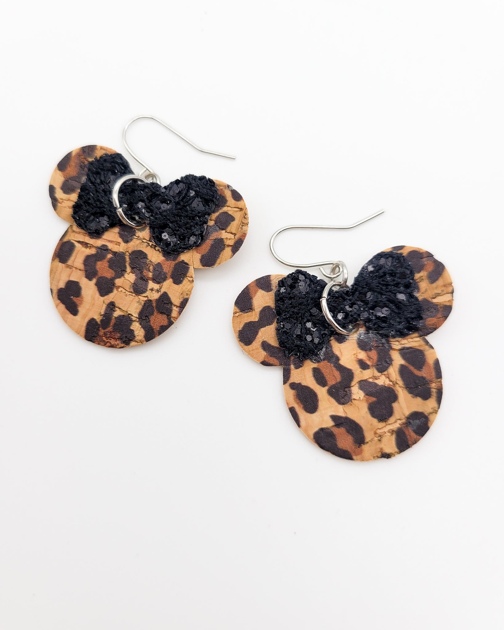 Cork Leopard and Black Glitter Minnie Head Earrings