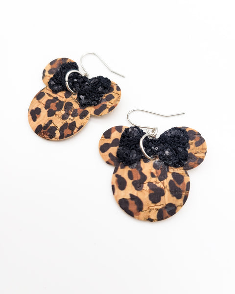Cork Leopard and Black Glitter Minnie Head Earrings