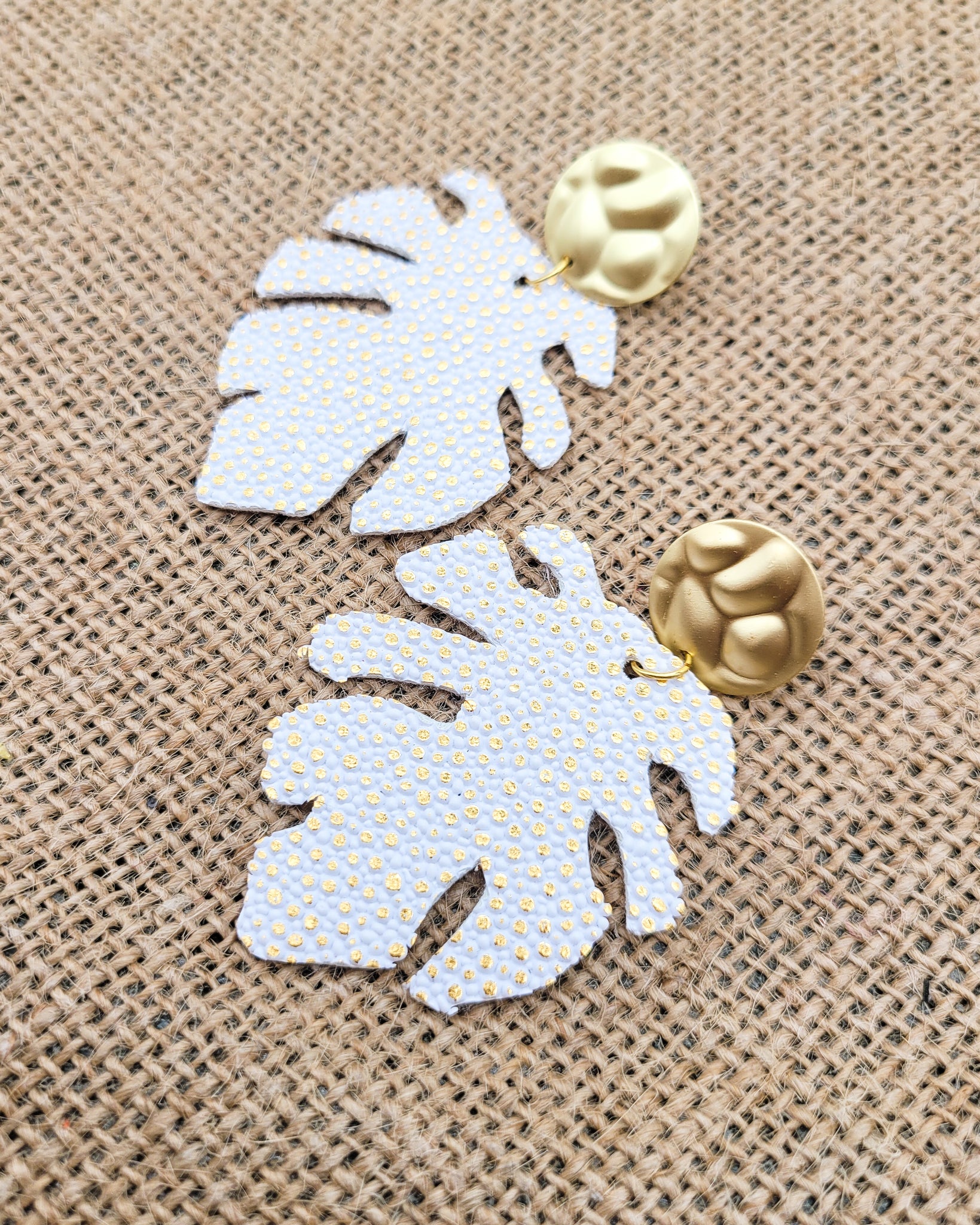 White and Gold Monstera Leaf Earrings