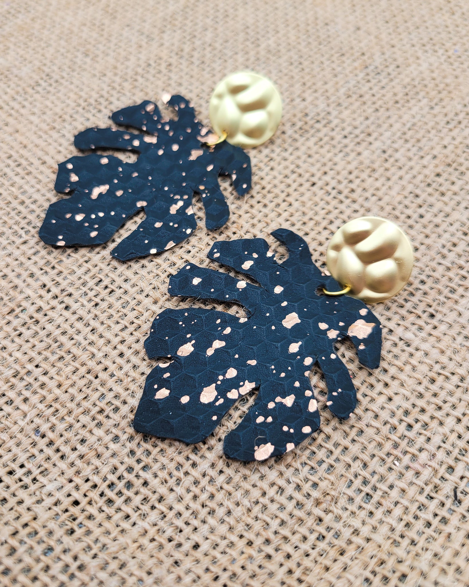 Black and Gold Monstera Leaf Earrings