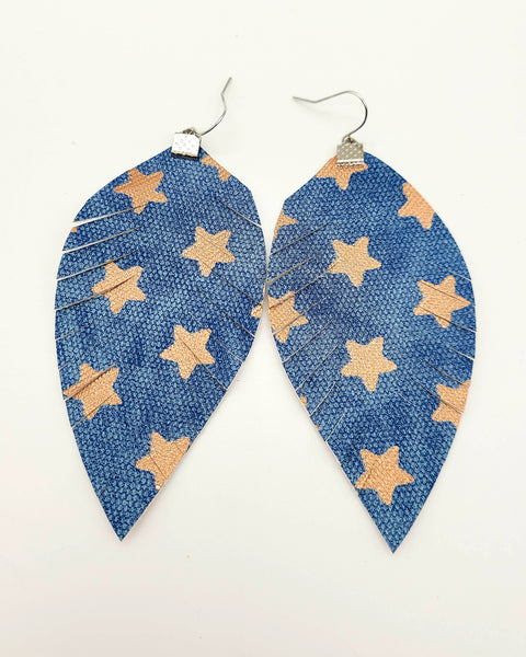 Denim and Champagne Gold Star Fringe Feather Earrings