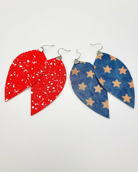 Red and White Speckled Fring Feather Earrings