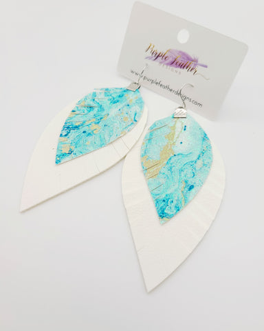 Turquoise and Gold Swirls over White Fringe Feather Earrings