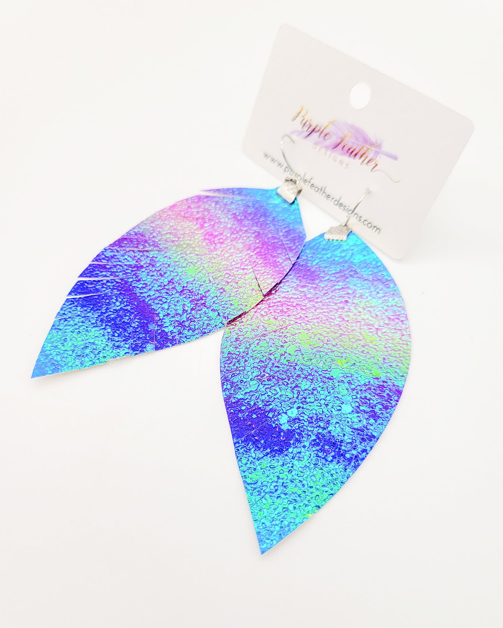 Purple Rainbow Metallic Fringe Feather Earrings
