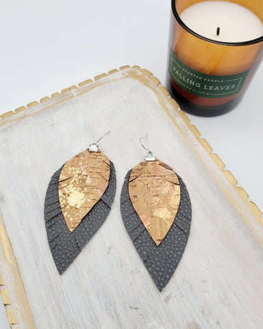 Metallic Bronzed Cork Charcoal Feather Earrings