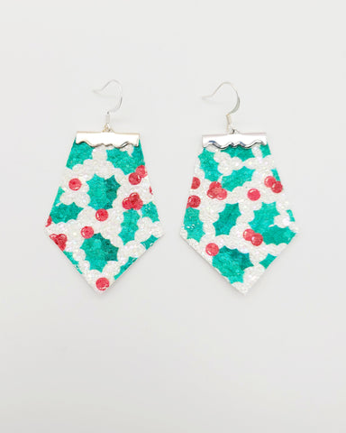 Christmas Holly Glitter Clamped Earrings