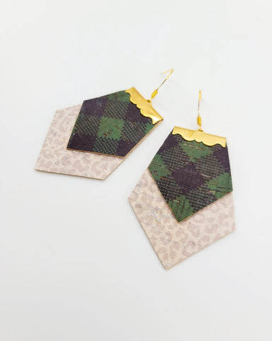 Green Plaid Over Grey Leopard Cork Clamped Earrings