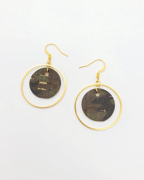 Small Camo Disc with Gold Hoop Earrings