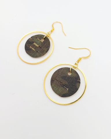 Small Camo Disc with Gold Hoop Earrings