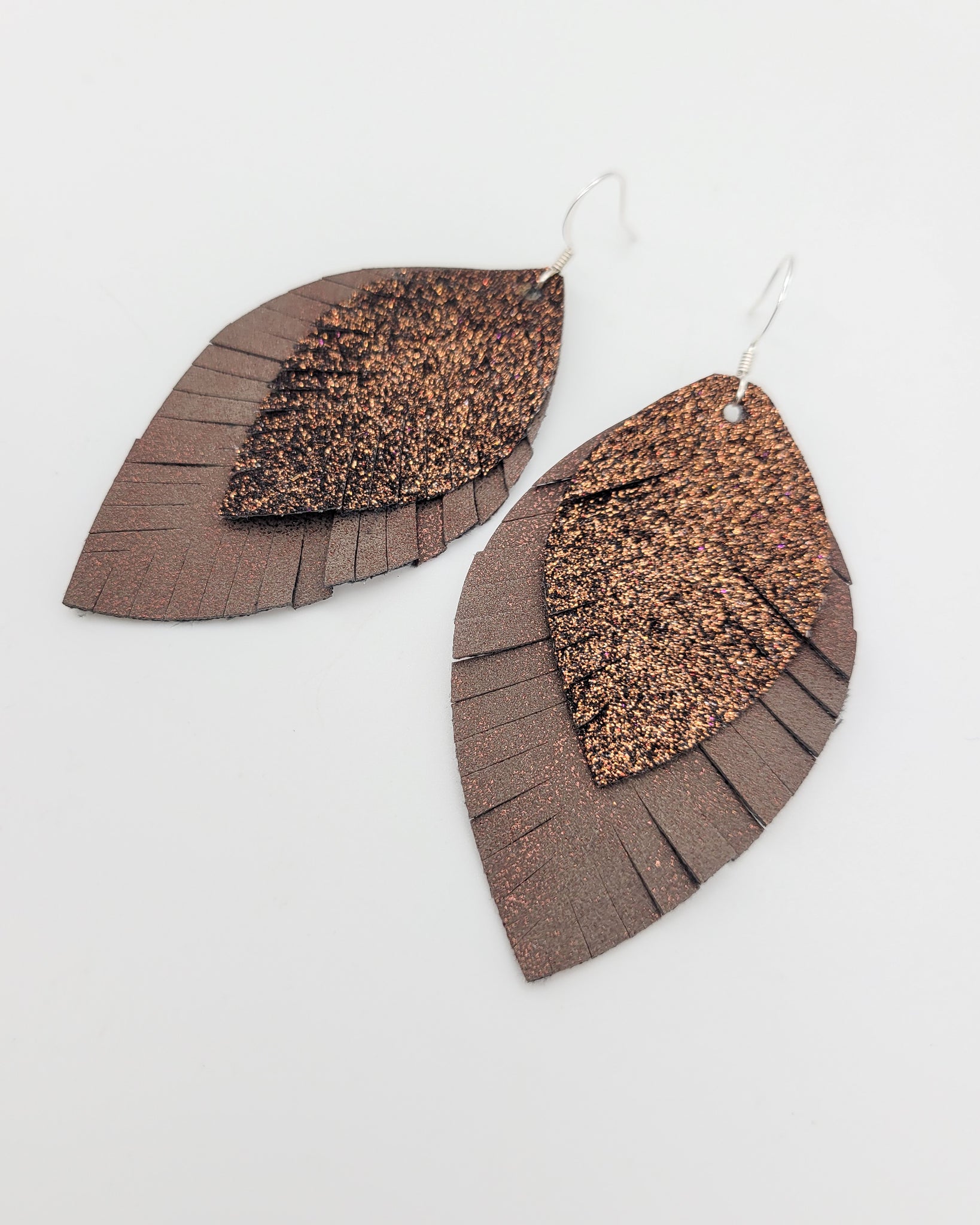 Brown Layered Glitter Fringe Leaf Earrings