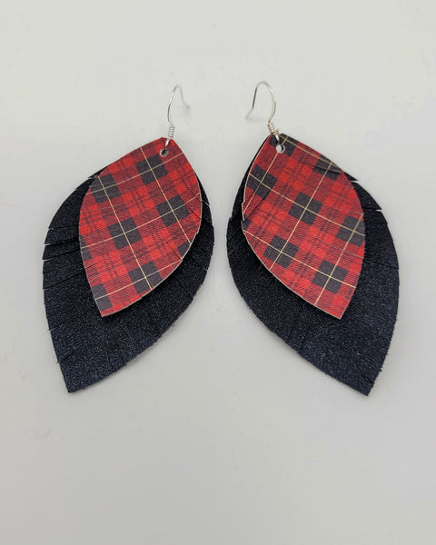 Layered Red and Black Plaid Fringe Leaf Earrings