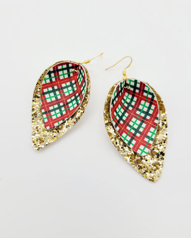 Christmas Plaid and Gold Glitter Pinched Petal Earrings