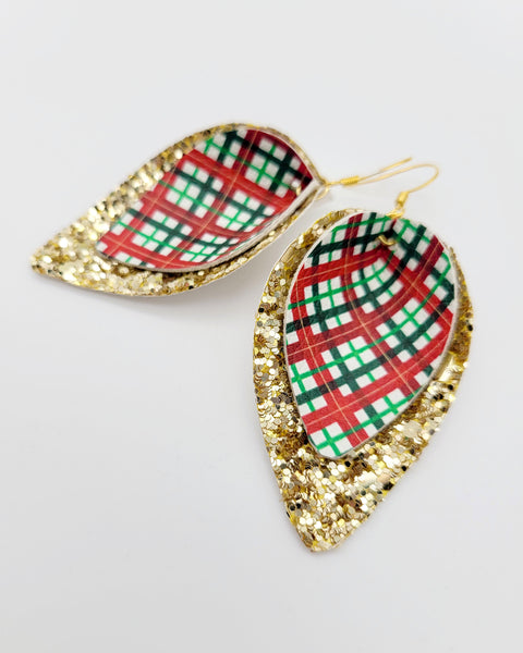 Christmas Plaid and Gold Glitter Pinched Petal Earrings