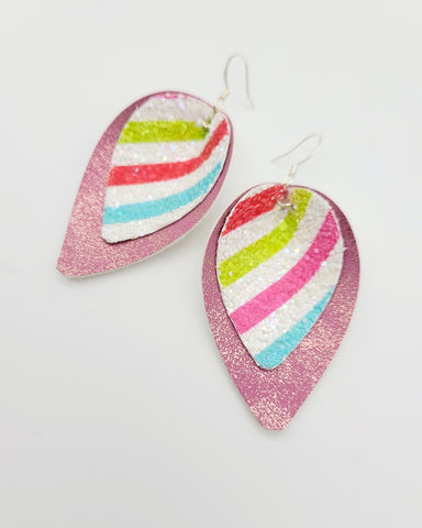 Bright Christmas Glitter Stripes and Pink Pinched Petal Earrings